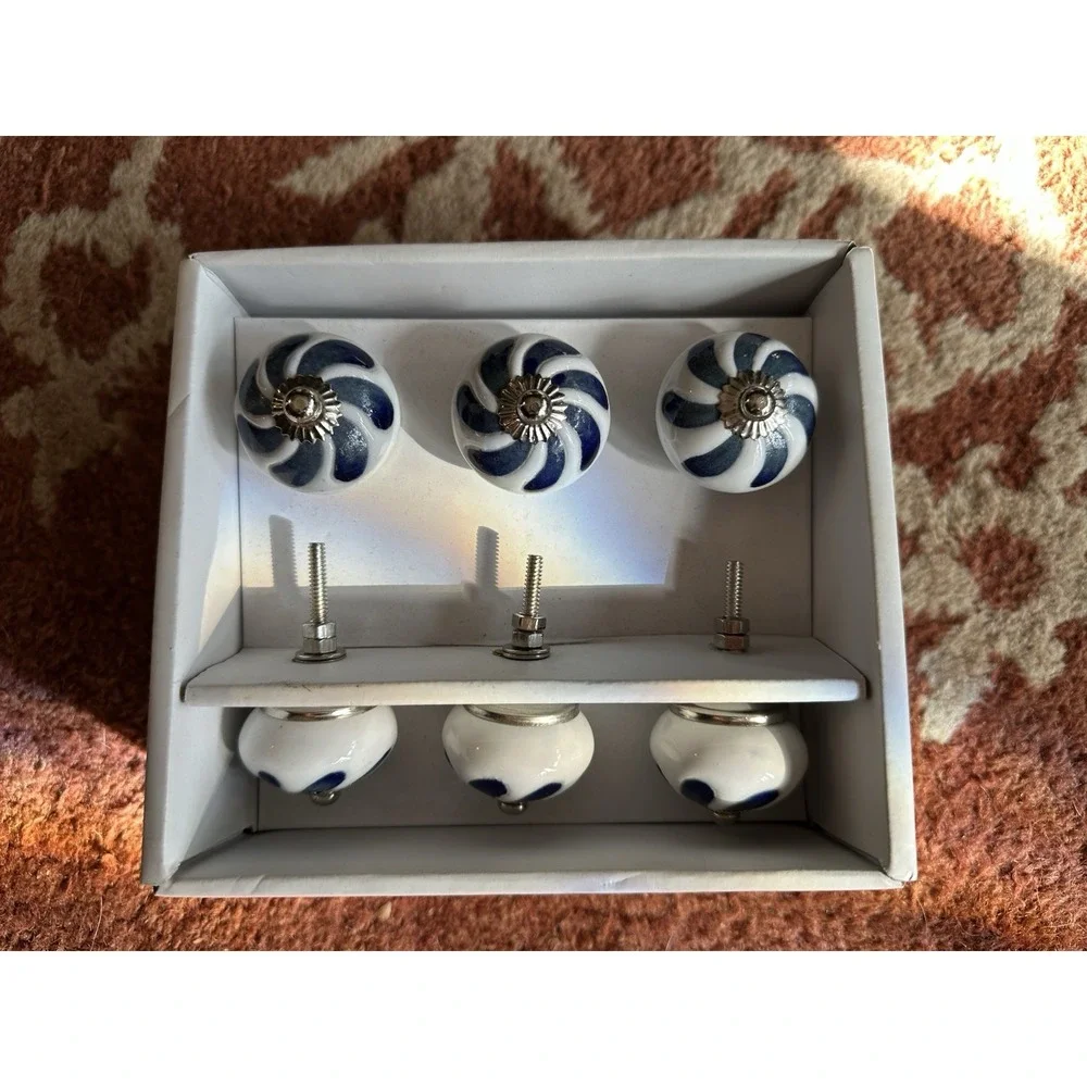NIB Blue Cream White Ceramic Drawer Pulls Knobs Made In India Boho Hippie‎